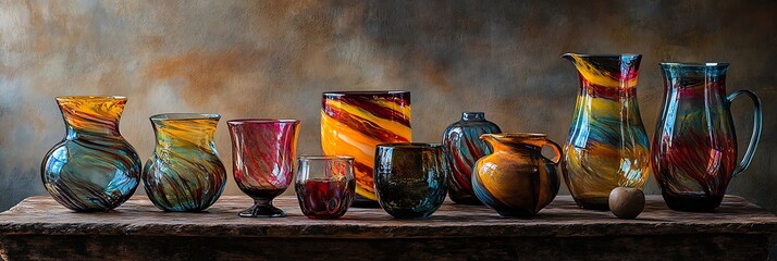 An elegant collection of handcrafted glassware with vivid colorful streaks and earthy accents on a rustic table