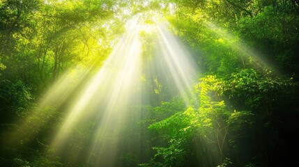 Wall Mural - Sunbeams Through Lush Forest Canopy: A Serene Nature Photography