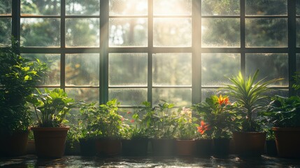 Leinwandbilder - view from the exterior of a tropical greenhouse showing a variety of green potted plants behind a distorted glass wall photosynthesis process when there is humidity water vapor is produce