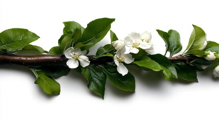 Apple Tree Branch with Delicate White Blossoms and Lush Green Leaves on White Background