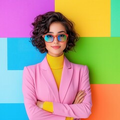 [Confident young woman in vibrant geometric background] Confident Female Portrait with Bright Geometric Background Colors