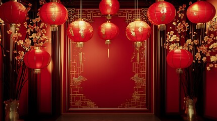 Canvas Print - Red lanterns and plum blossoms adorn a traditional Chinese-style room, creating a festive atmosphere.