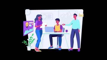 Poster - Three diverse individuals collaborating at a modern office workspace with charts and plants.