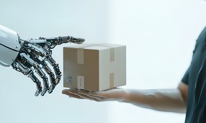 Poster - Robotic Arm Delivery, A futuristic scene featuring a robotic arm efficiently handing a package to a customer in a modern setting.