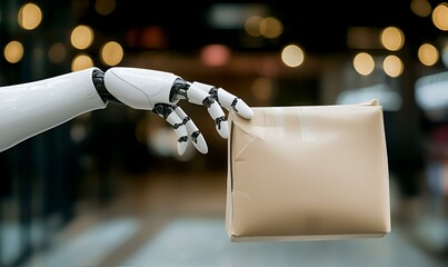 Poster - Robotic Assistance in Delivery, A robotic arm efficiently hands over a package to a customer in a modern, automated retail environment.