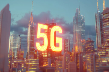 Poster -  city skyline with a large 5G sign in the middle. The sign is lit up in orange and yellow, creating a bright and energetic atmosphere. The city is bustling with activity