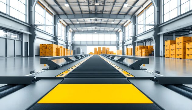 Modern Warehouse Scene: Conveyor Belt with Yellow Marks and Box Storage