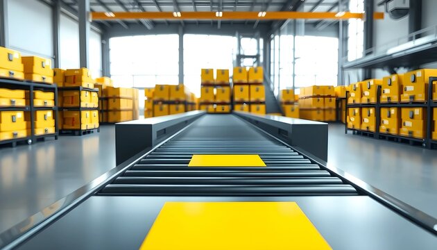 Efficient Operations: Yellow Marked Conveyor Belt in a Warehouse