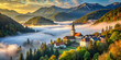 © akirazen - breathtaking view of foggy mountain landscape at sunrise, featuring charming church nestled among lush greenery and vibrant autumn trees. golden light enhances serene atmosphere