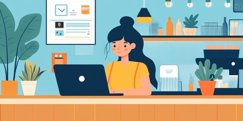 Aufkleber - Young woman working on laptop in modern cafe with plants and warm ambiance, focused and productive atmosphere