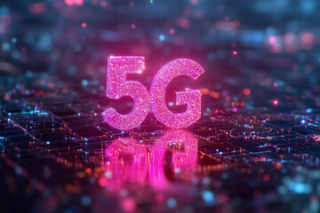 Poster - pink 5G symbol is lit up in a cityscape. The image has a futuristic and technological vibe, with the pink color and the glowing lights giving it a sense of energy and excitement