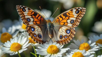 A close-up of a butterfly resting on a daisy, with intricate wing details highlighted by soft sunlight