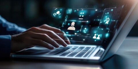 Poster - Hands Typing on Laptop with Overlay of Digital User Interface Icons and Connectivity Symbols in a Modern Setting