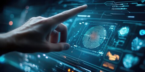 Poster - Futuristic Technology Interface with Hand Touching Digital Screen and Biometric Scanning Elements