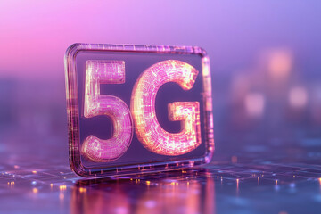 Poster - 5G logo is displayed on a purple background. The logo is made of wires and is surrounded by a purple glow. The image conveys a futuristic and technological vibe