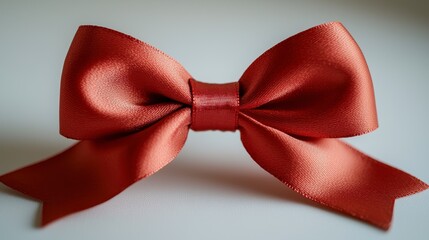 Wall Mural - Close-up of a tied rusty-red satin ribbon bow on white background.