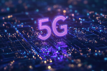 Poster - purple 5G symbol is displayed on a blue background. The image has a futuristic and technological vibe, with the bright purple color and the glowing lights