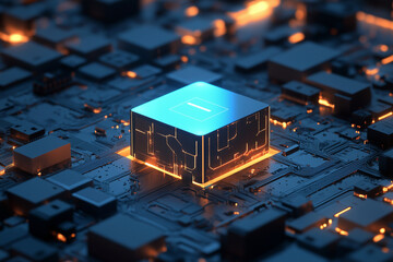 Poster -  computer chip is lit up in a black background. The chip is surrounded by other electronic components