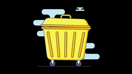 Poster - A bright yellow trash bin set against a stylized black background, featuring light blue abstract elements.