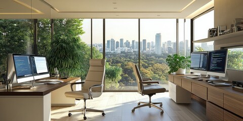 Leinwandbilder - Modern Office Interior with City View, Sleek Furniture, Large Windows, Natural Light, Urban Landscape, Minimalist Design