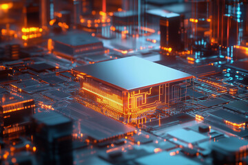 Poster - computer chip is shown in a cityscape with buildings and lights. The chip is surrounded by a glowing orange glow, giving it a futuristic and technological feel