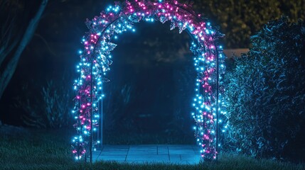 Fototapete - Wedding arch decorated with neon pink and blue lights, casting a soft glow over a nighttime garden, ideal for an elegant evening celebration