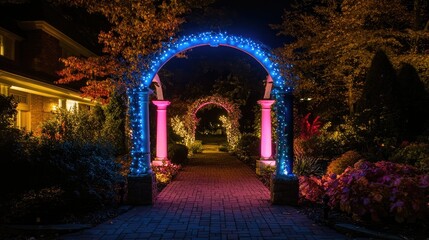 Fototapete - Wedding arch decorated with neon pink and blue lights, casting a soft glow over a nighttime garden, ideal for an elegant evening celebration