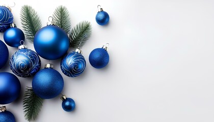 Poster - blue baubles decoration on a white background. blue christmas balls
