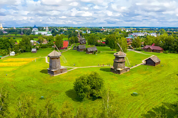 Wall Mural - Suzdal, Russia. Watercolor illustration. Wooden windmills of the 18th-19th centuries. Aerial view