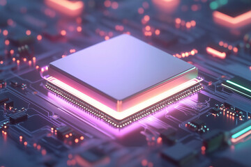 Aufkleber - computer chip is lit up with neon colors. The chip is a square and is surrounded by other electronic components. Concept of technology and innovation, as well as a futuristic and modern feel