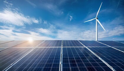 wind turbine and panels on blue sky background. renewable energy