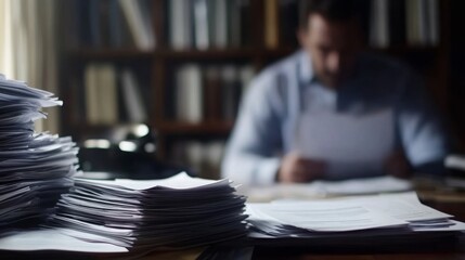 Poster - A person studies documents in a dimly lit room filled with books, surrounded by stacks of papers, indicating a focused work environment.