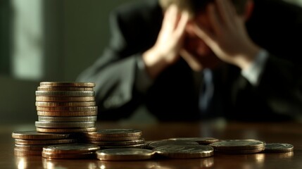 Poster - A man in a suit looks distressed, holding his head, with stacks of coins in the foreground, symbolizing financial stress or economic challenges.