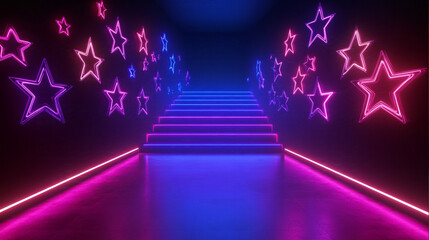 Wall Mural - A neon-lit staircase leading up into a starry night sky, with glowing purple and blue stars and shapes surrounding the stairs