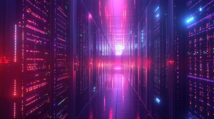 Fototapete - Neon-Lit Server Room: A Digital Wonderland