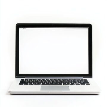 A sleek laptop computer with a blank screen set against a white background, perfect for text overlay or digital presentations.