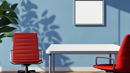 Aufkleber - Modern Minimalist Workspace with Red Chair and White Table Against Blue Wall