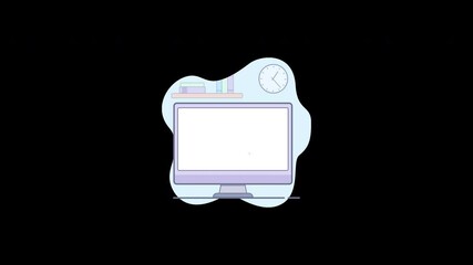 Poster - A minimalist illustration of a computer on a desk with books and a clock in a flat design.