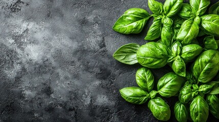 Sticker - Vibrant Green Basil Leaves on Dark Textured Background Culinary Food Photography