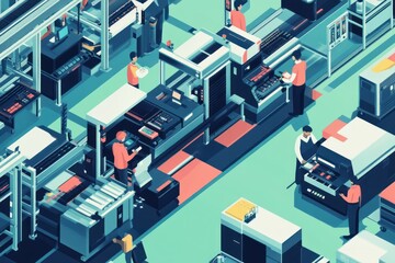 Poster - A Busy Day at the Modern Factory: Isometric Illustration of Industrial Production Line