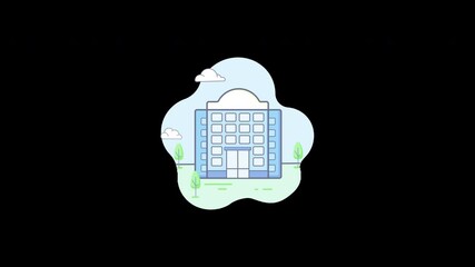 Poster - A simple blue building surrounded by greenery and clouds, depicting a modern architectural design.