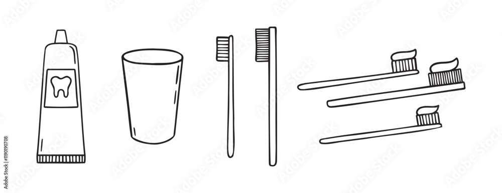 Toothbrush Label Drawing Toothpaste, toothbrush, dental cleaning equipment doodle hand drawn ...