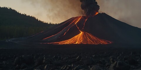 Wall Mural - A hyper-realistic depiction of a violent volcano eruption, lava explosively bursting from the crater, lit by dramatic lightning strikes in the background, utilizing three-point lighting