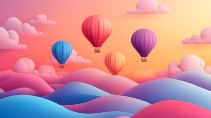 Poster - cheerful floating hot air balloons with vibrant dynamic gradients whimsical bright tones and an eleg
