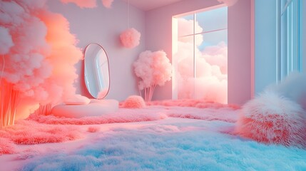 Poster - Soothing pastel gradient backdrop with soft fluffy textures creating a whimsical imaginative and gentle dreamlike ambiance  Peaceful serene and captivating interior design scene with a youthful