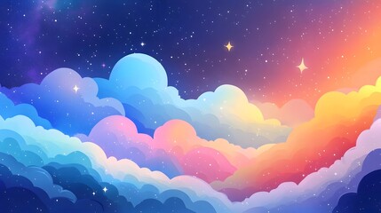 Wall Mural - Whimsical and dreamy celestial landscape with soft pastel gradient clouds twinkling stars and fluffy creative elements creating a serene and imaginative atmosphere