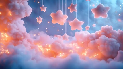 Poster - Enchanting Pastel Clouds and Twinkling Stars in Whimsical Fantasy Gradient Sky   A Serene and Charming Digital with Soft Fluffy Textures and a Gentle Youthful Aesthetic
