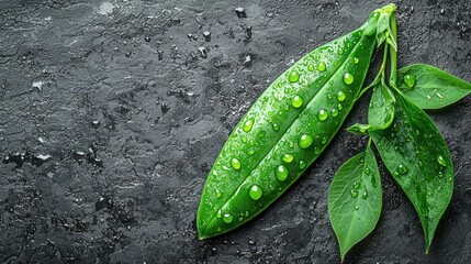 Sticker - Vibrant Green Leaves with Dew Drops on Dark Textured Surface