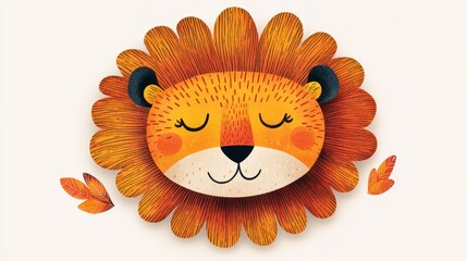 Wall Mural - Cute cartoon lion face with autumn leaves.