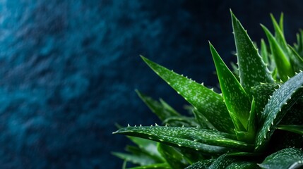 Wall Mural - Close-up of Vibrant Aloe Vera Plant Against a Deep Blue Background